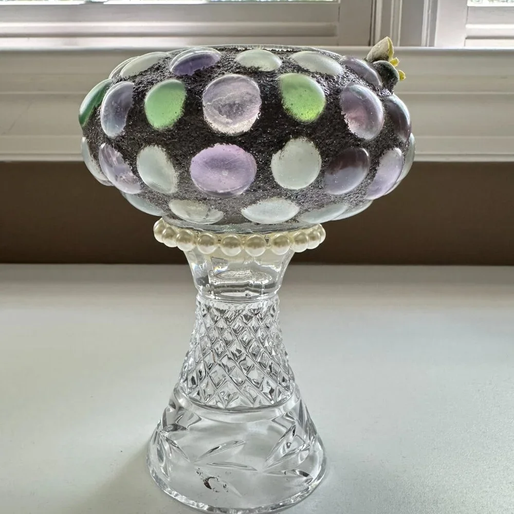 Handmade Glass‎ Pebble Cement Votive/Small Plant Holder Pearl Detail Floral